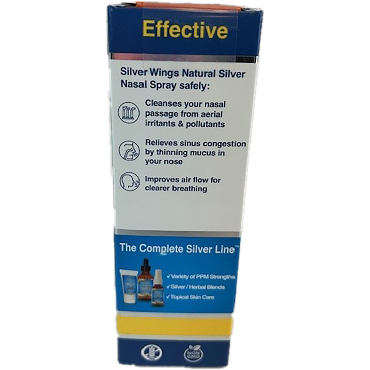 NPS007 | back of Silver Wings nasal spray box listing benefits: cleanses nasal passage, relieves congestion, improves airflow
