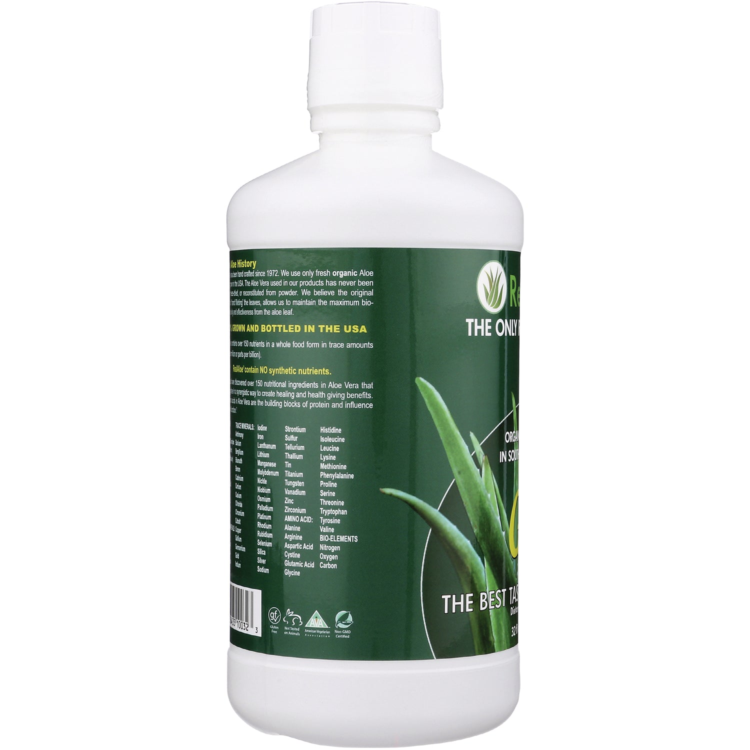 RA005 | green-labeled aloe bottle back label showing ingredients text and aloe graphic