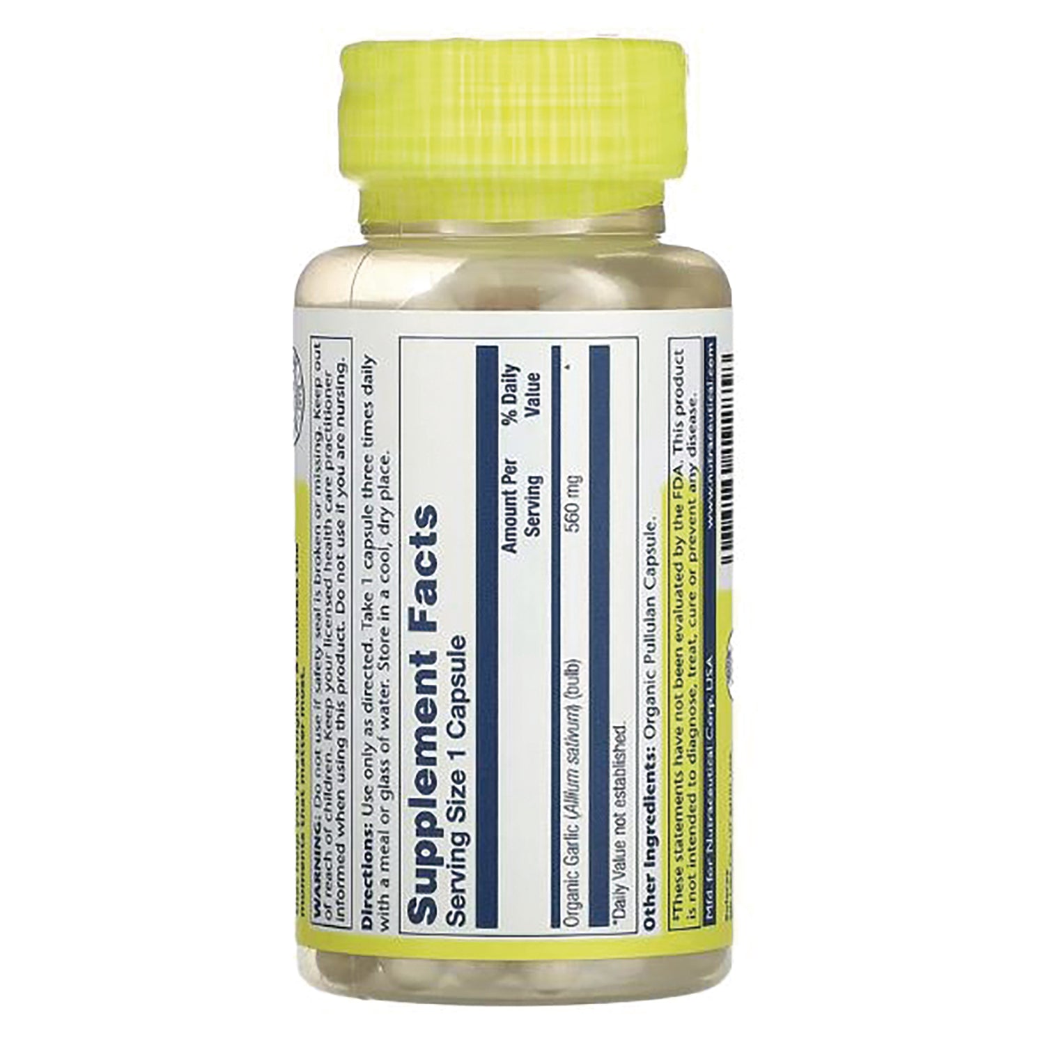SLR389 | Back label with Supplement Facts for Organic Garlic, 560 mg per serving
