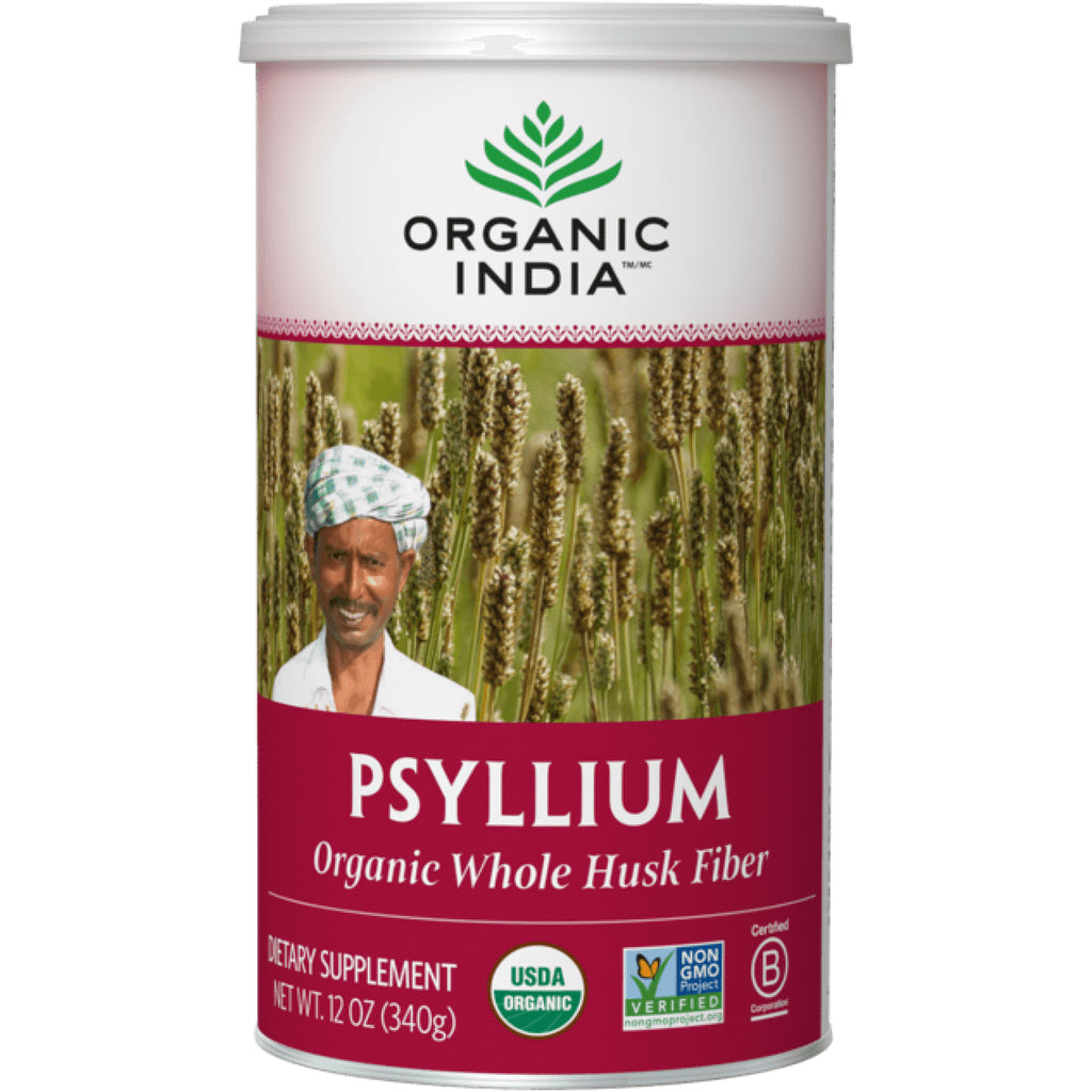 RGN028 | Organic India Psyllium organic whole husk fiber supplement can with farmer and grain field label - Thumbnail