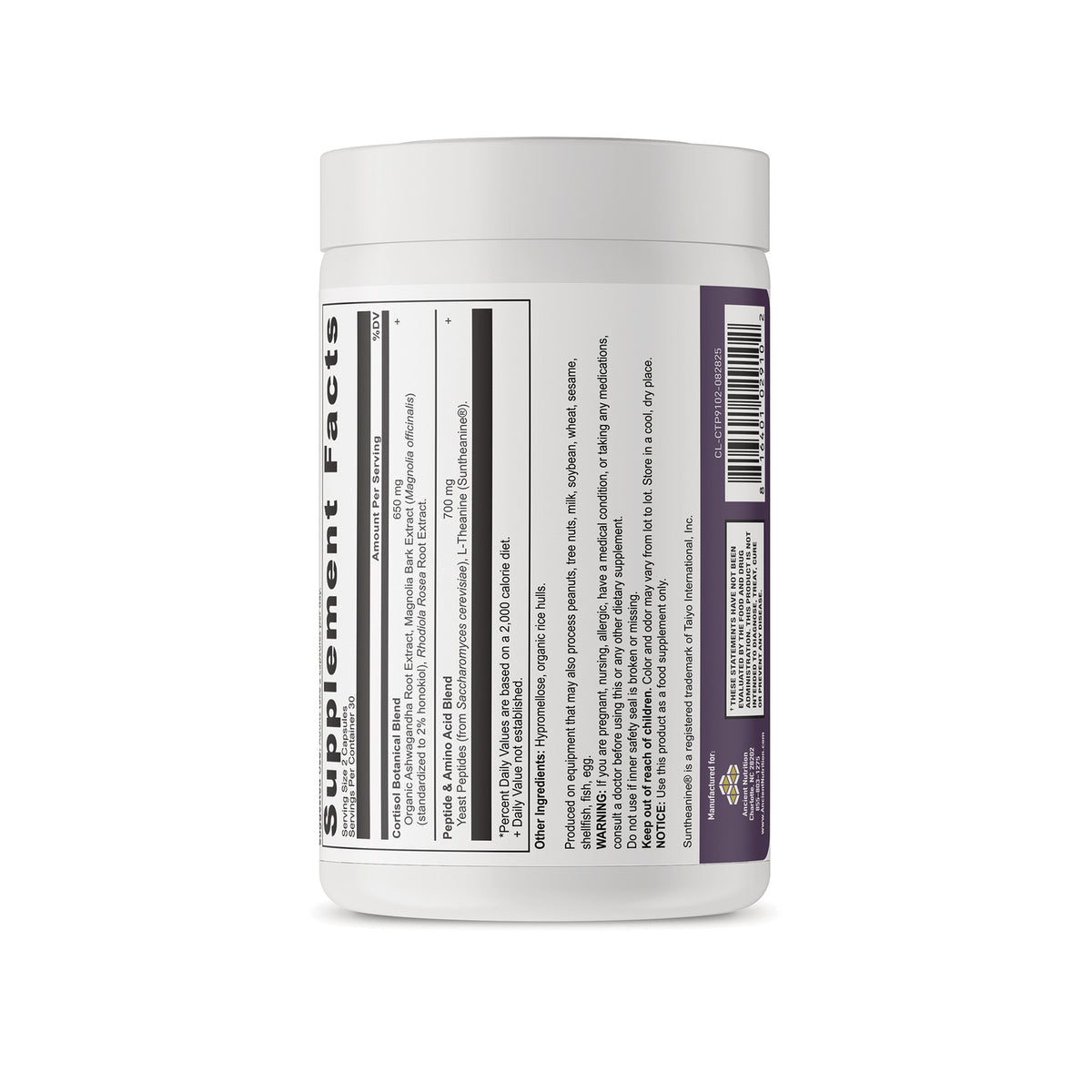 ATN151 | Supplement Facts panel for a white bottle of sleep supplement with ingredients, warnings, and barcode