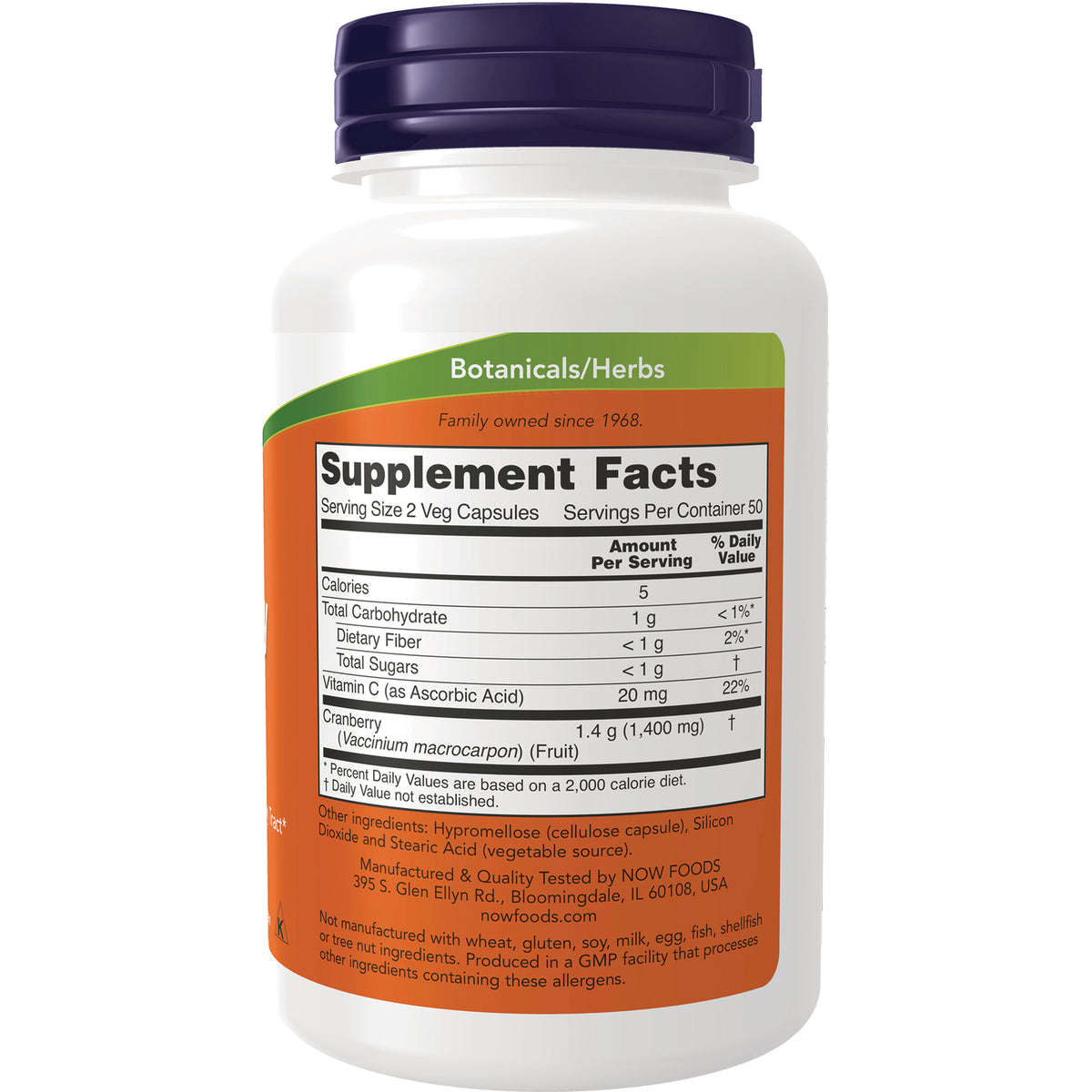 NWF121 | Back of white supplement bottle showing Supplement Facts panel and ingredient text for botanicals/herbs cranberry
