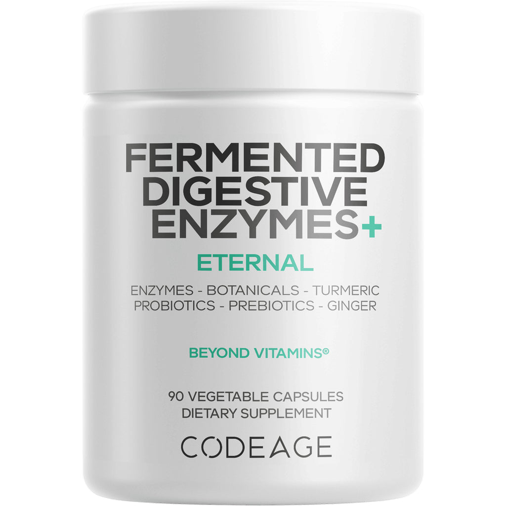 CDG037 | White supplement jar labeled FERMENTED DIGESTIVE ENZYMES+ ETERNAL by CODEAGE, 90 vegetable capsules - Thumbnail