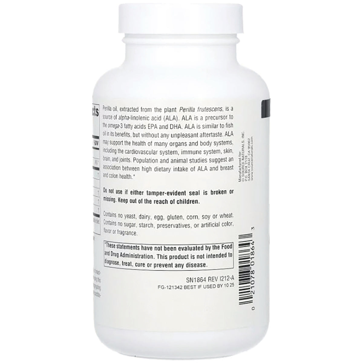 SN780 | Supplement bottle back label with ingredients, warnings, FDA disclaimer, and barcode