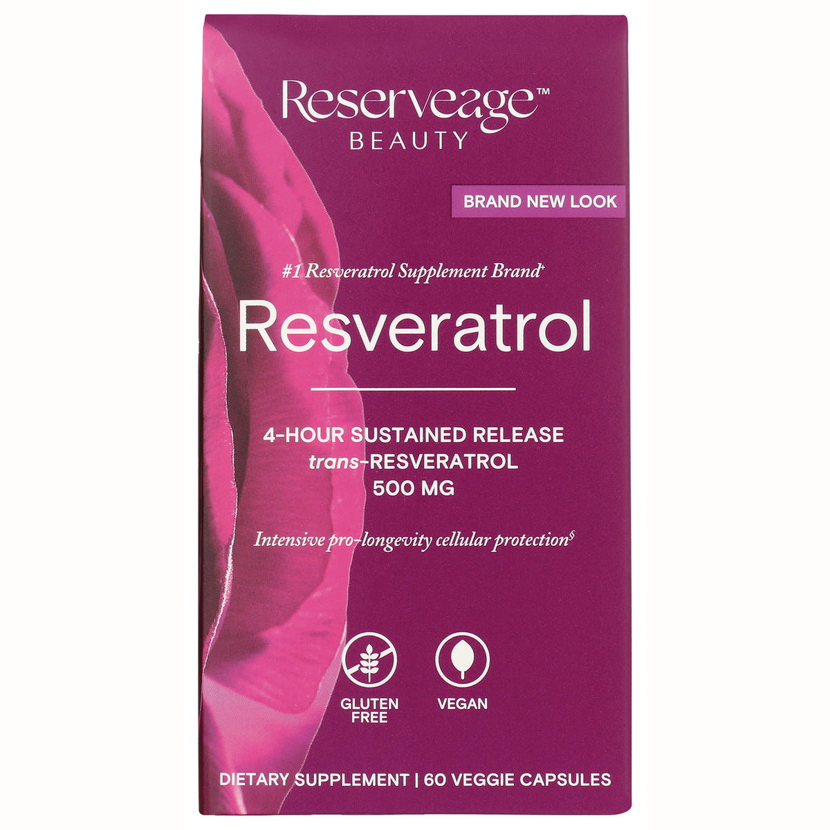 RSA003 | Reserveage Beauty Resveratrol supplement front packaging, 500 mg 4-hour sustained release, 60 veggie capsules, gluten free vegan