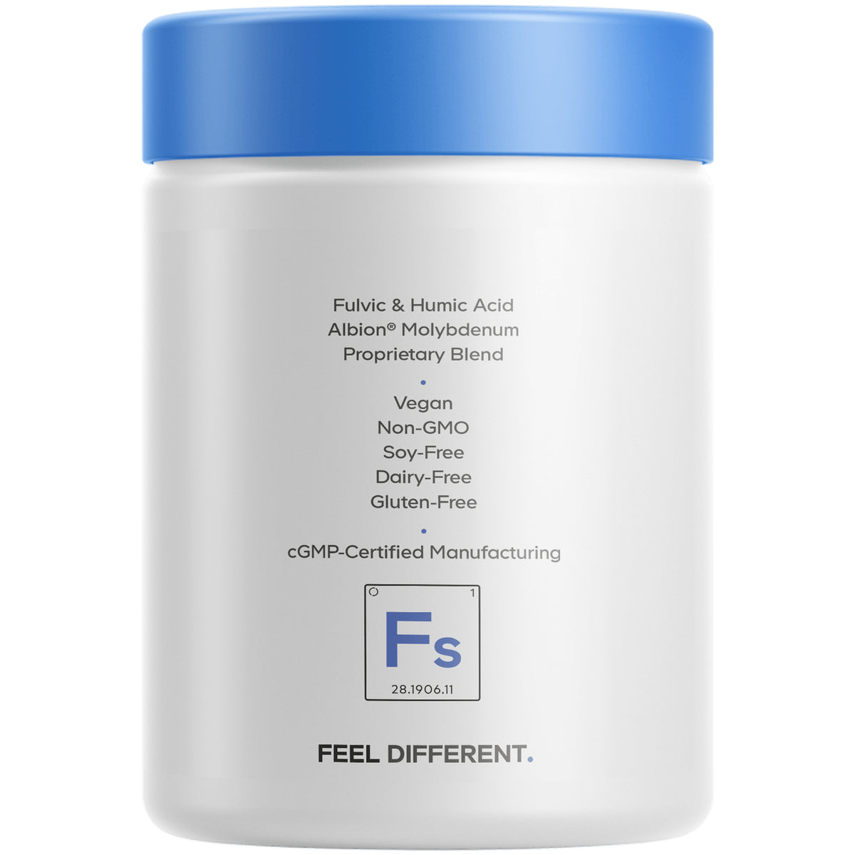CDG049 | Back label of white supplement jar listing Vegan, Non-GMO, Soy-Free, Dairy-Free, Gluten-Free and cGMP-certified manufacturing