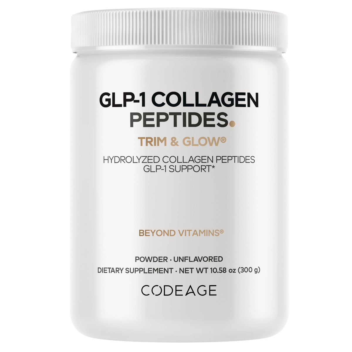 CDG028 | White jar of CODEAGE GLP-1 Collagen Peptides Trim & Glow unflavored powder 10.58 oz