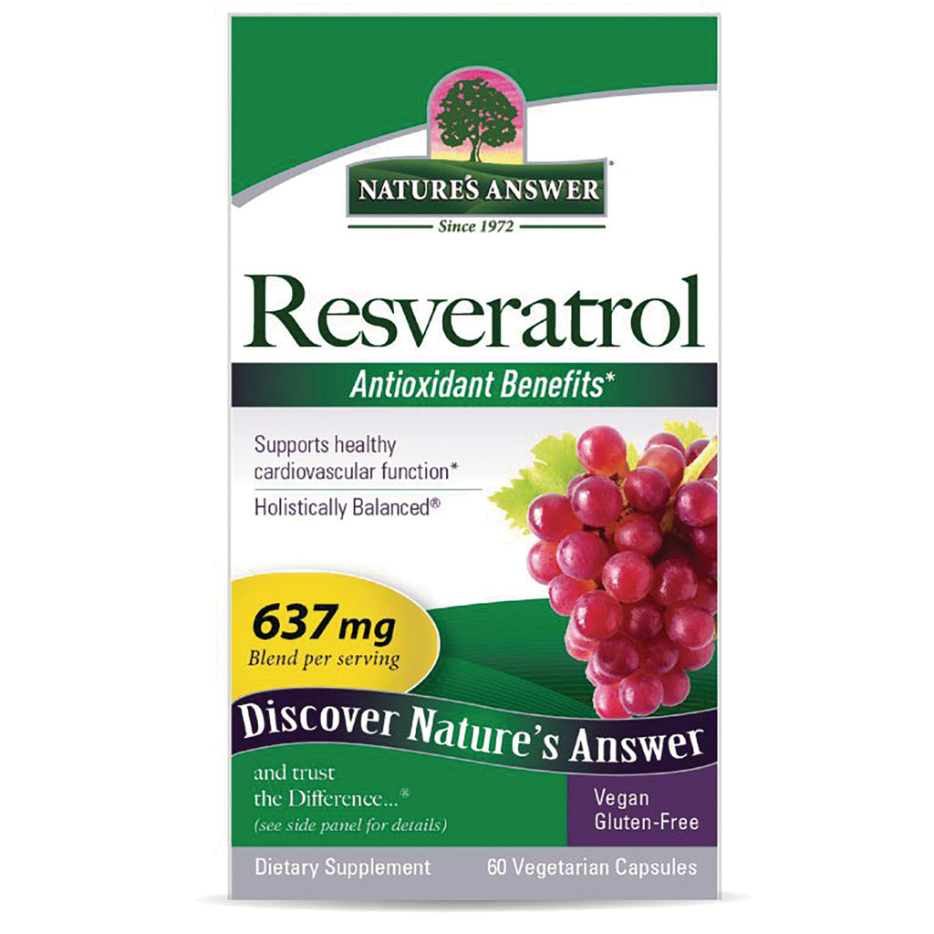 NAT105 | Nature's Answer Resveratrol supplement box front panel showing grapes, 637 mg blend, 60 vegetarian capsules - Thumbnail