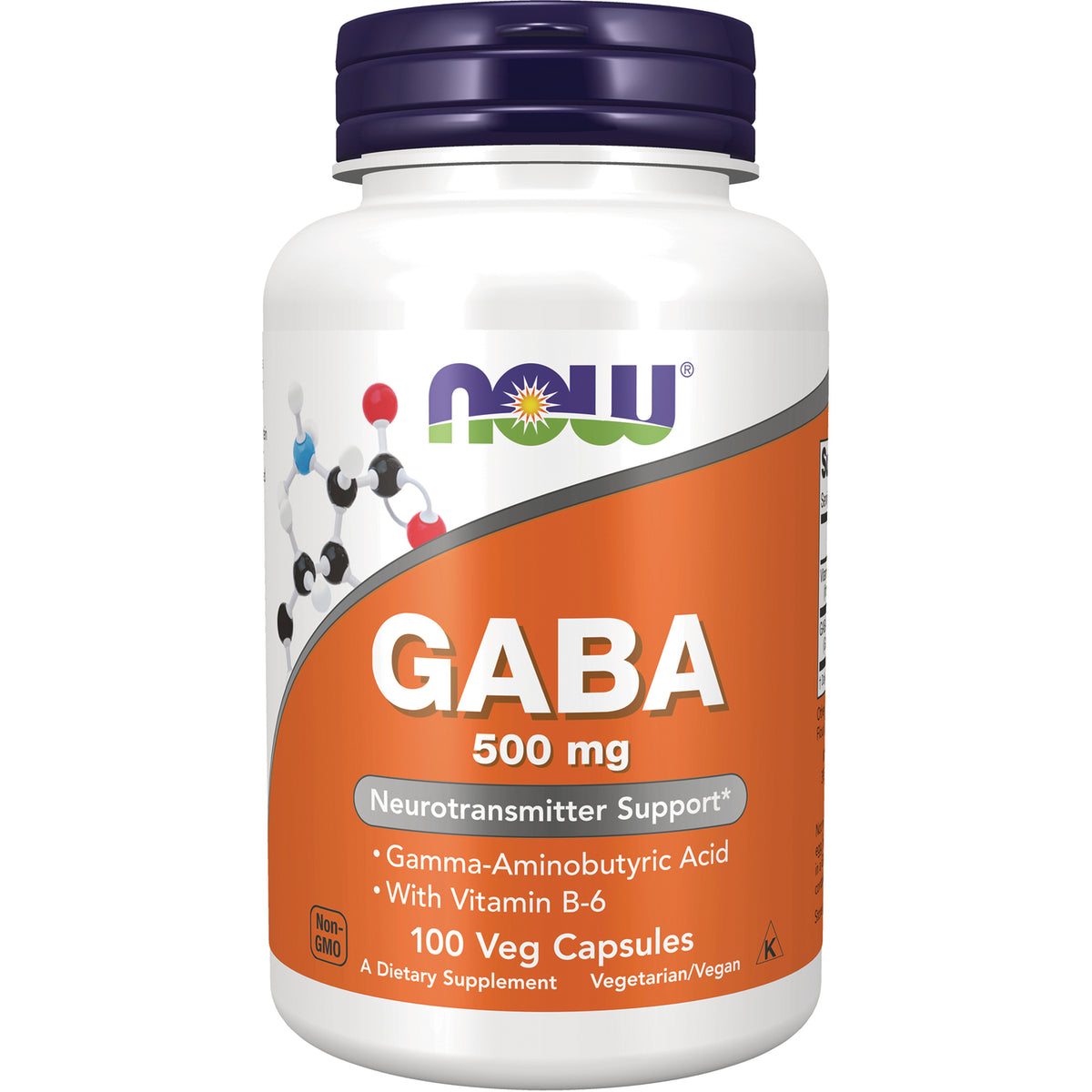 NWF047 | NOW GABA 500 mg bottle, 100 Veg Capsules label showing Neurotransmitter Support