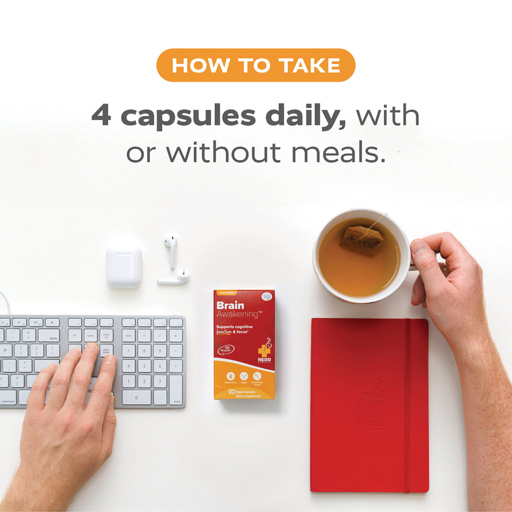 How to take graphic showing Brain Awakening box on desk with keyboard, tea, notebook and visible text 4 capsules daily, with or without meals - Thumbnail