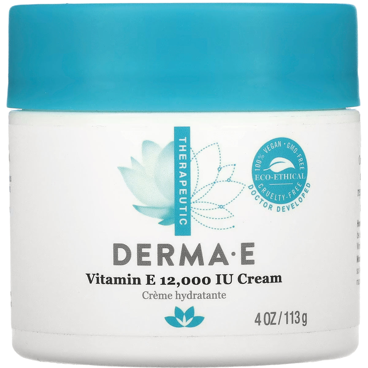 DE006 | DERMA E jar with teal lid labeled Vitamin E 12,000 IU Cream 4 OZ/113 g