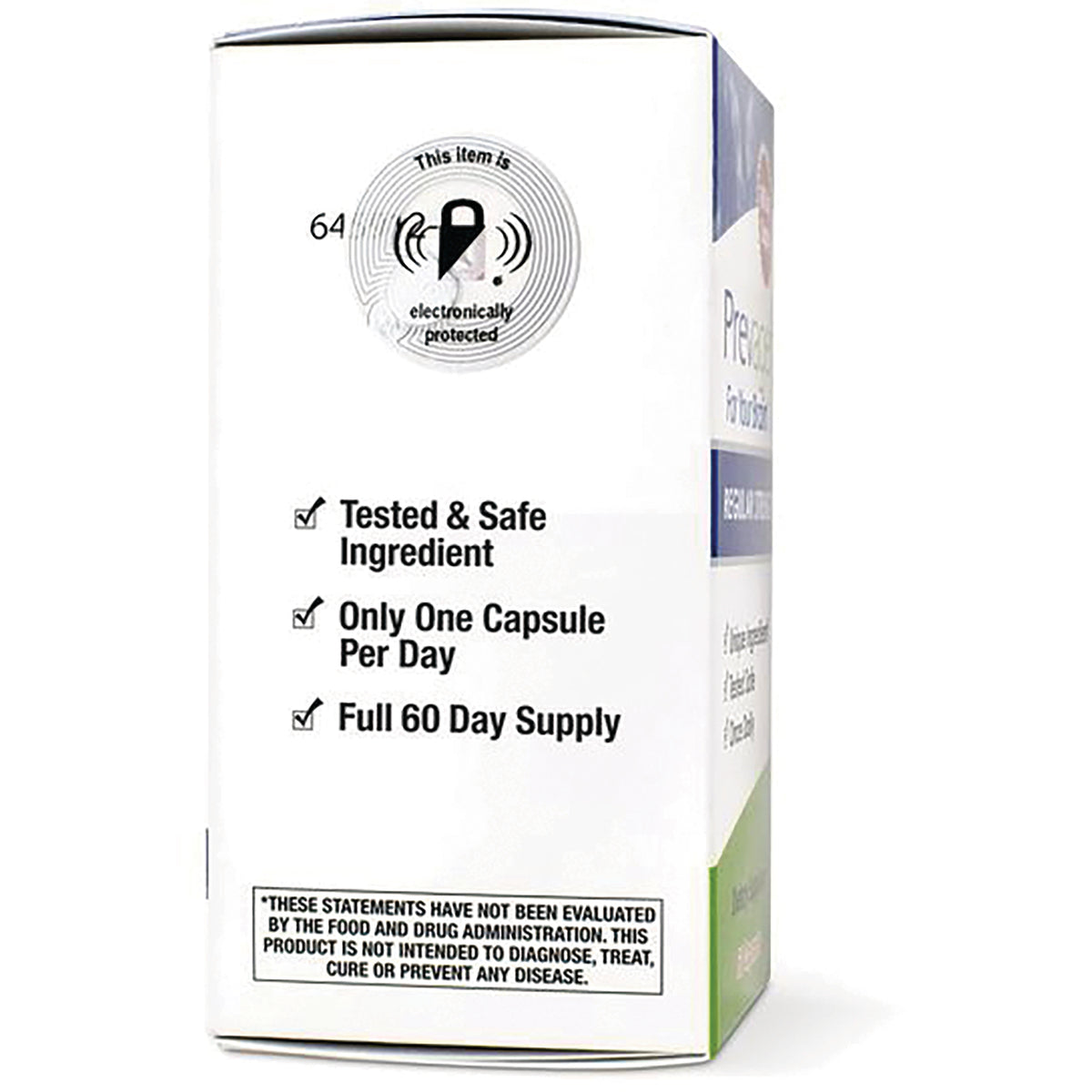 QB006 | product infographic on box side listing Tested & Safe Ingredient; Only One Capsule Per Day; Full 60 Day Supply