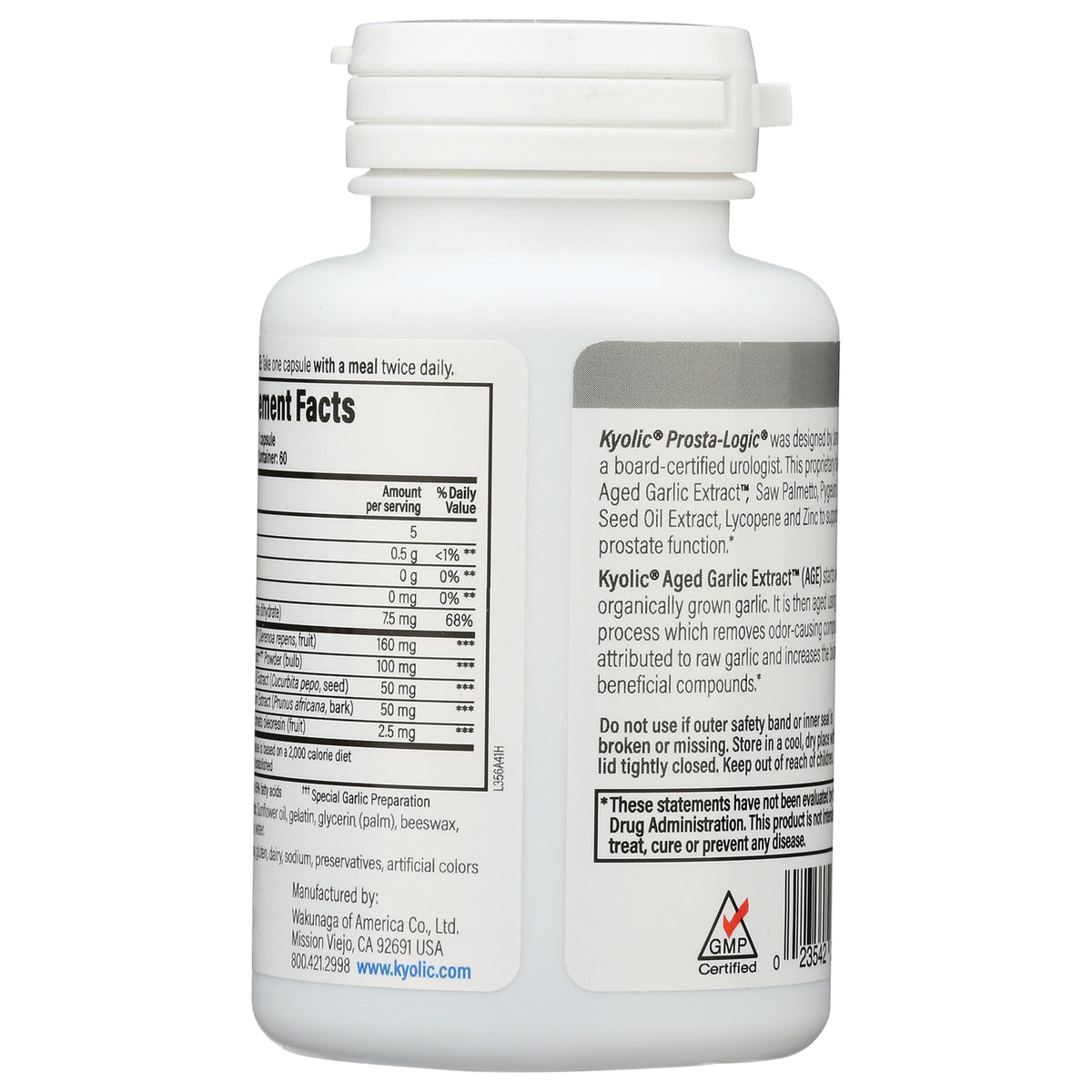 KY062 | Back of white supplement bottle showing supplement facts, ingredients panel, barcode and GMP certified logo