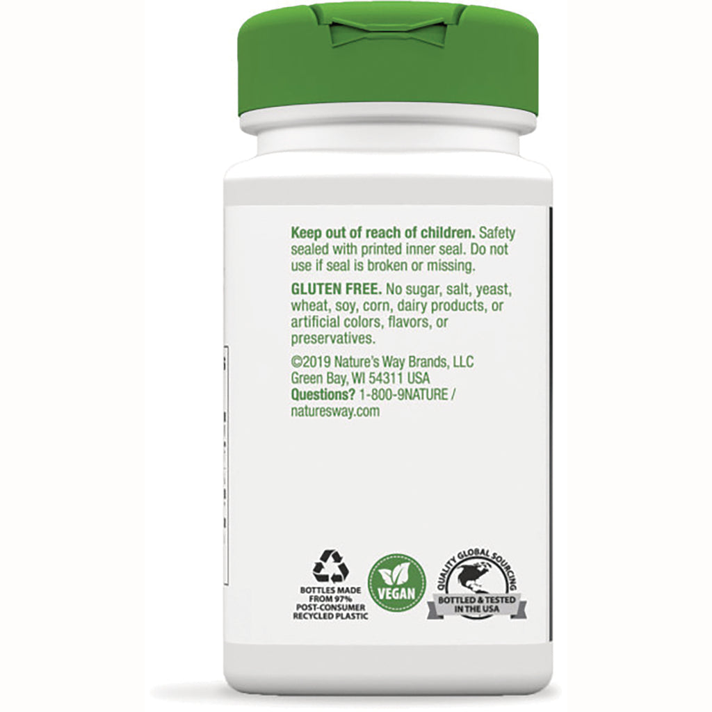 NW780 | back of white supplement bottle with green cap showing gluten free and vegan icons and safety and company text - Thumbnail