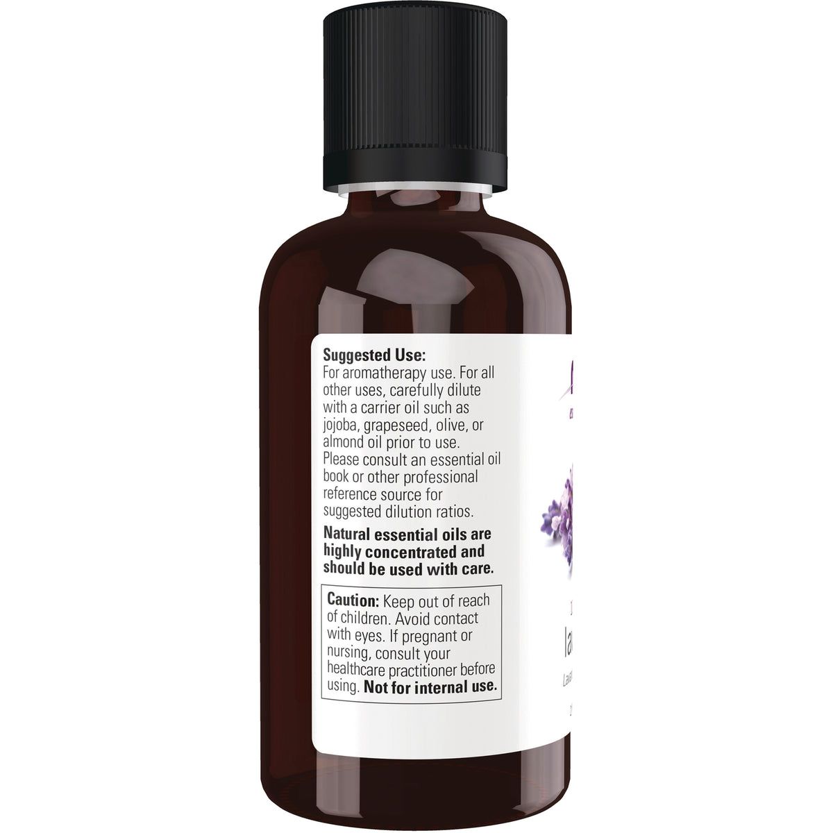 NWF247 | back label of amber essential oil bottle showing suggested use, caution and dilution instructions
