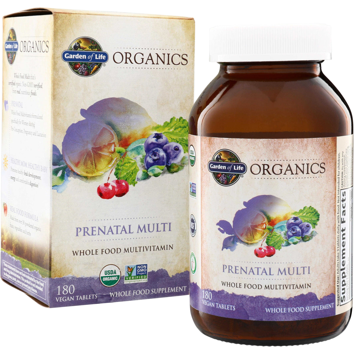 GLF184 | Garden of Life Organics Prenatal Multi whole food multivitamin, 180 vegan tablets, box and bottle