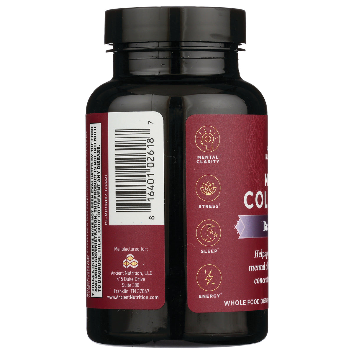ATN092 | Maroon supplement bottle back label showing icons for mental clarity, stress, sleep, energy and a barcode