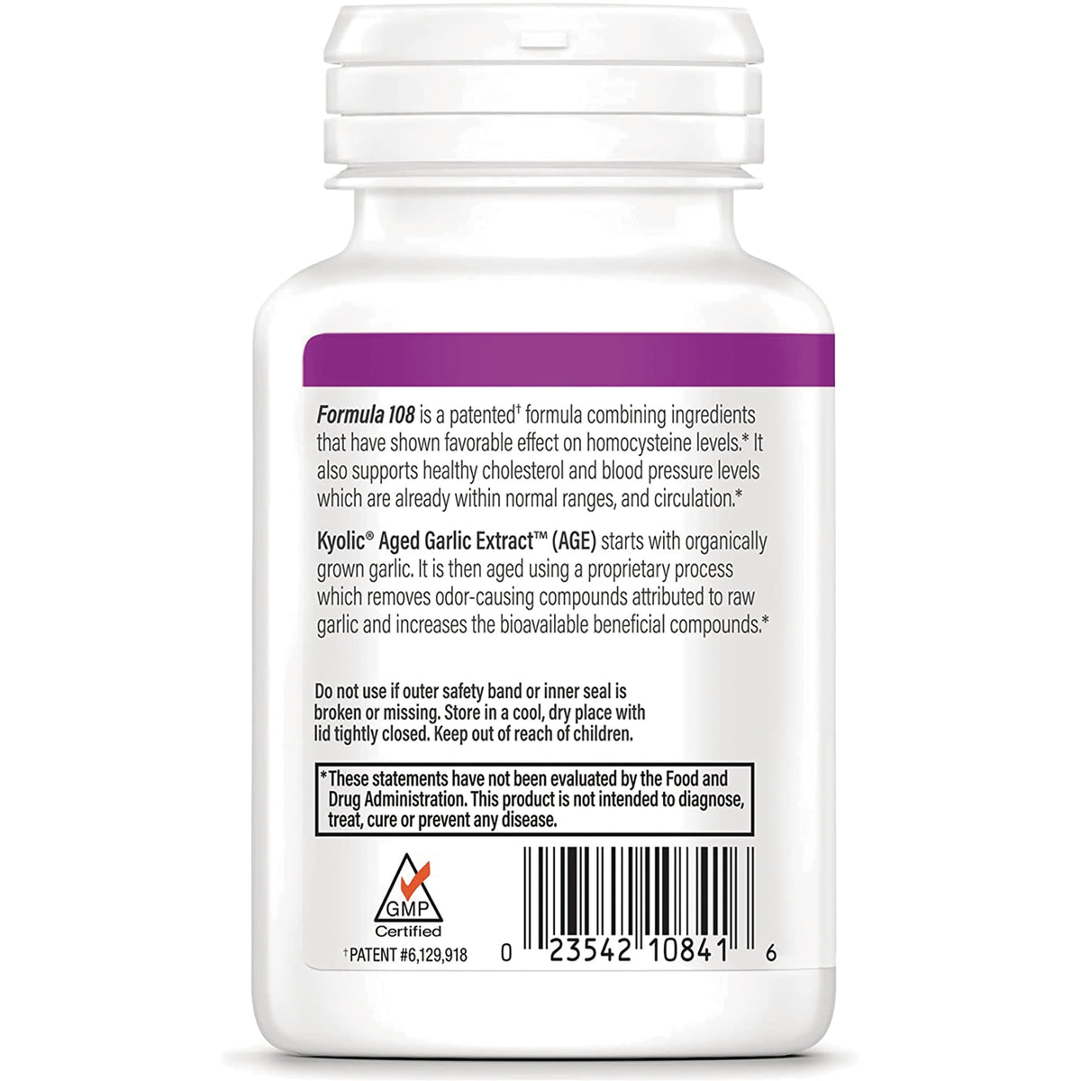 KY075 | back label of white supplement bottle showing Kyolic Aged Garlic Extract text, warnings and barcode