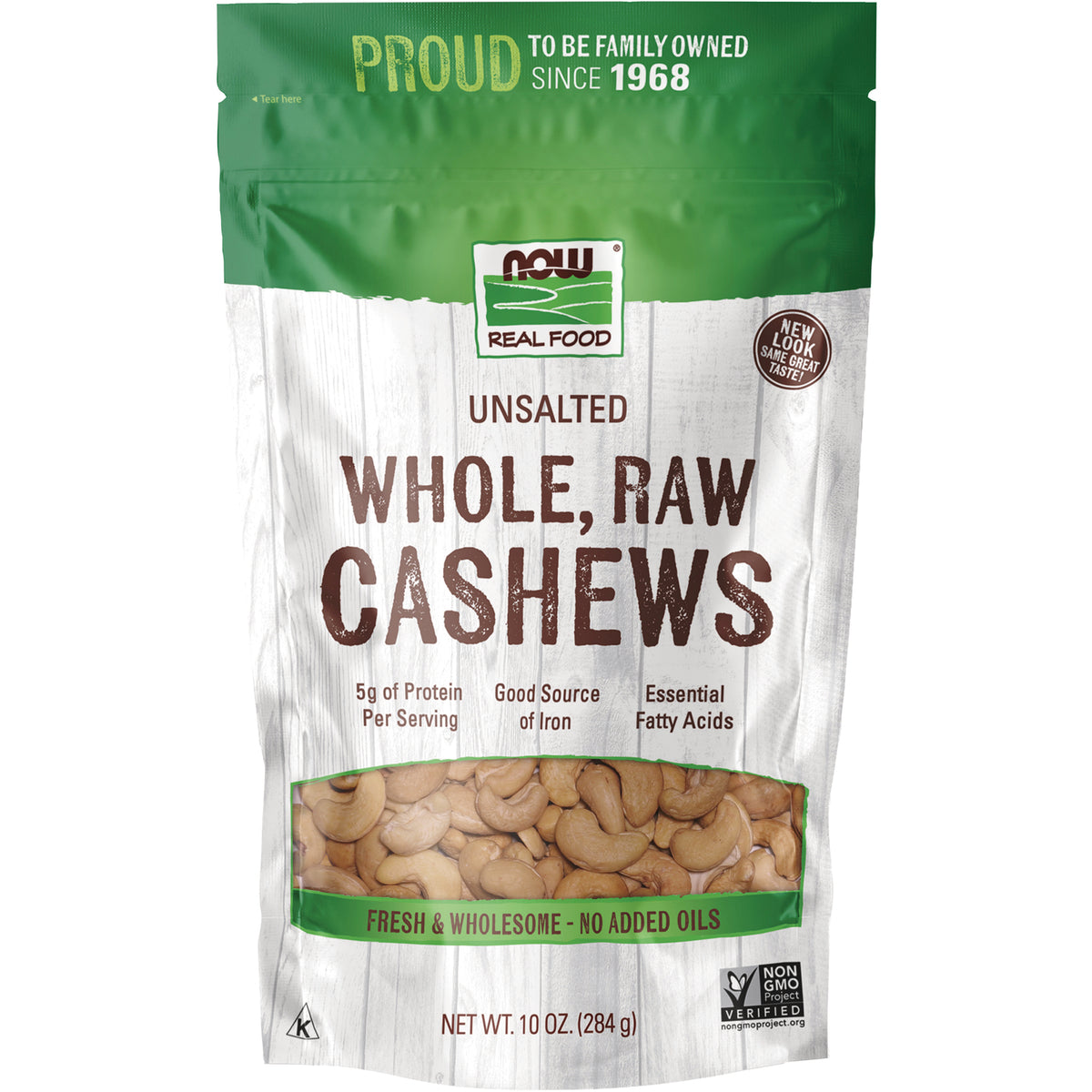 NWF1160 | NOW Real Food unsalted whole raw cashews pouch with front window, 10 oz