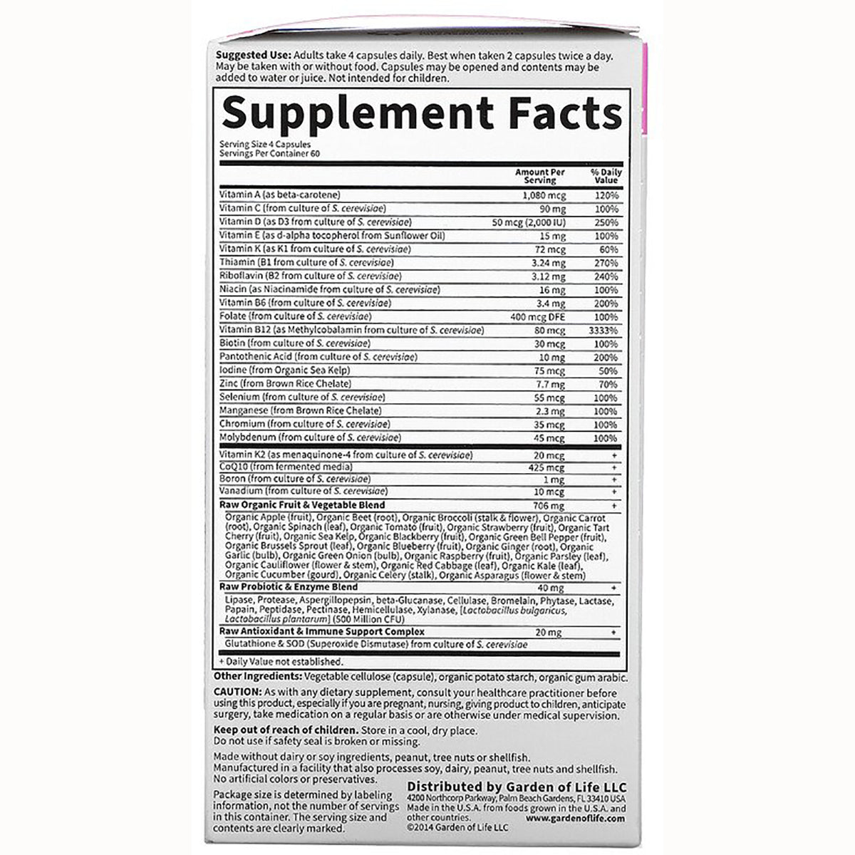 GLF097 | Supplement Facts panel showing vitamin and mineral amounts, serving size, and usage directions
