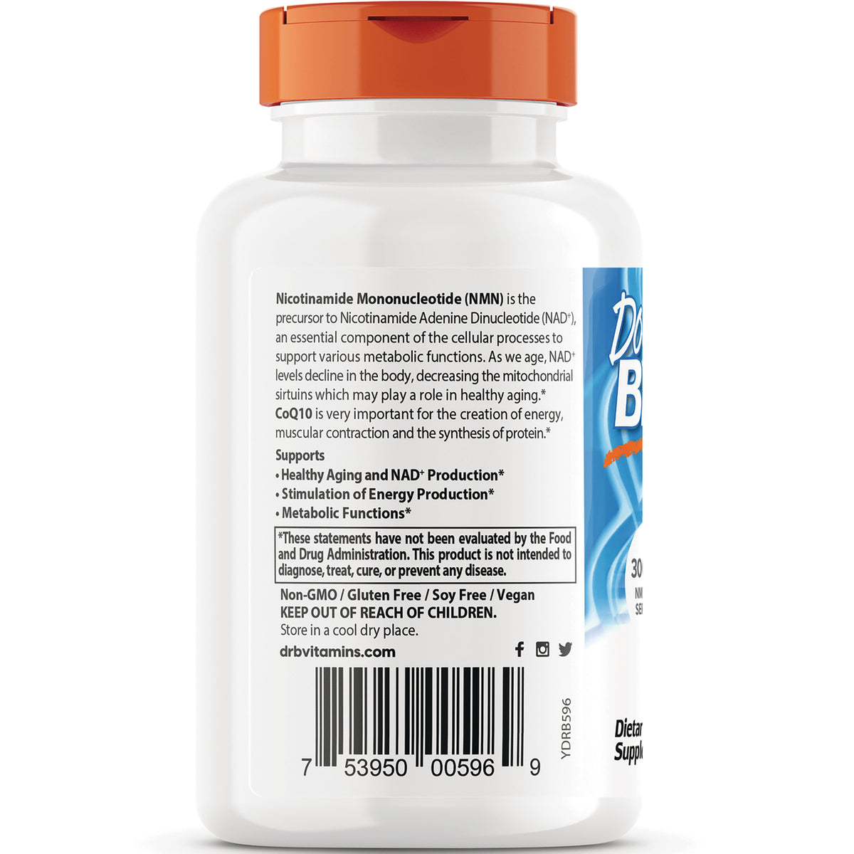 DB286 | back label of white supplement bottle showing Nicotinamide Mononucleotide (NMN) description, usage claims, Non-GMO statement and barcode