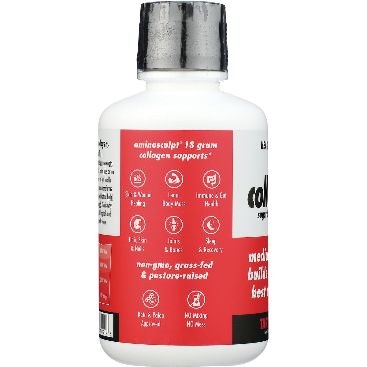 HD006 | red infographic panel on bottle listing collagen benefits and icons