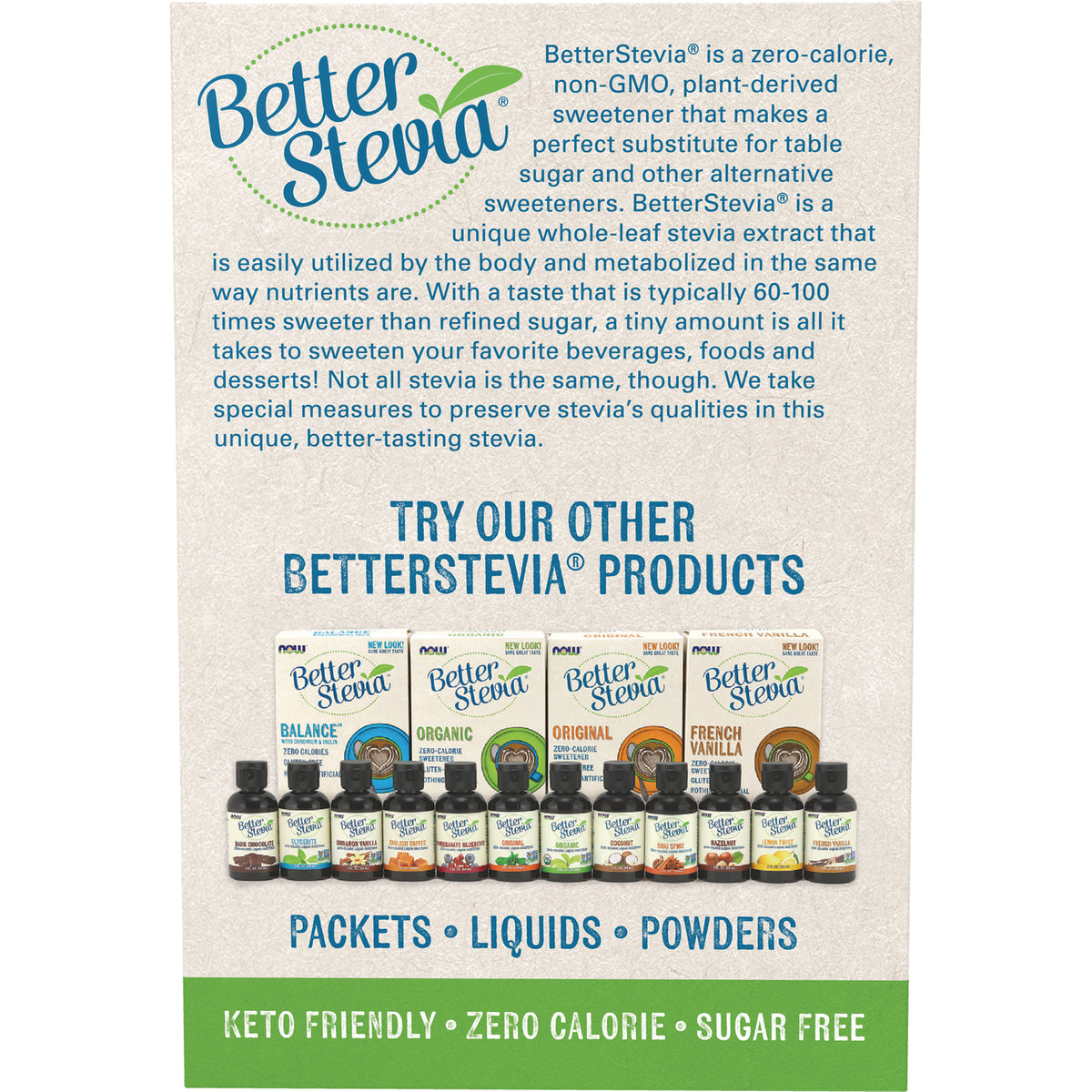 NWF979 | product infographic showing BetterStevia lineup with packets, liquids, powders and keto friendly zero calorie sugar free