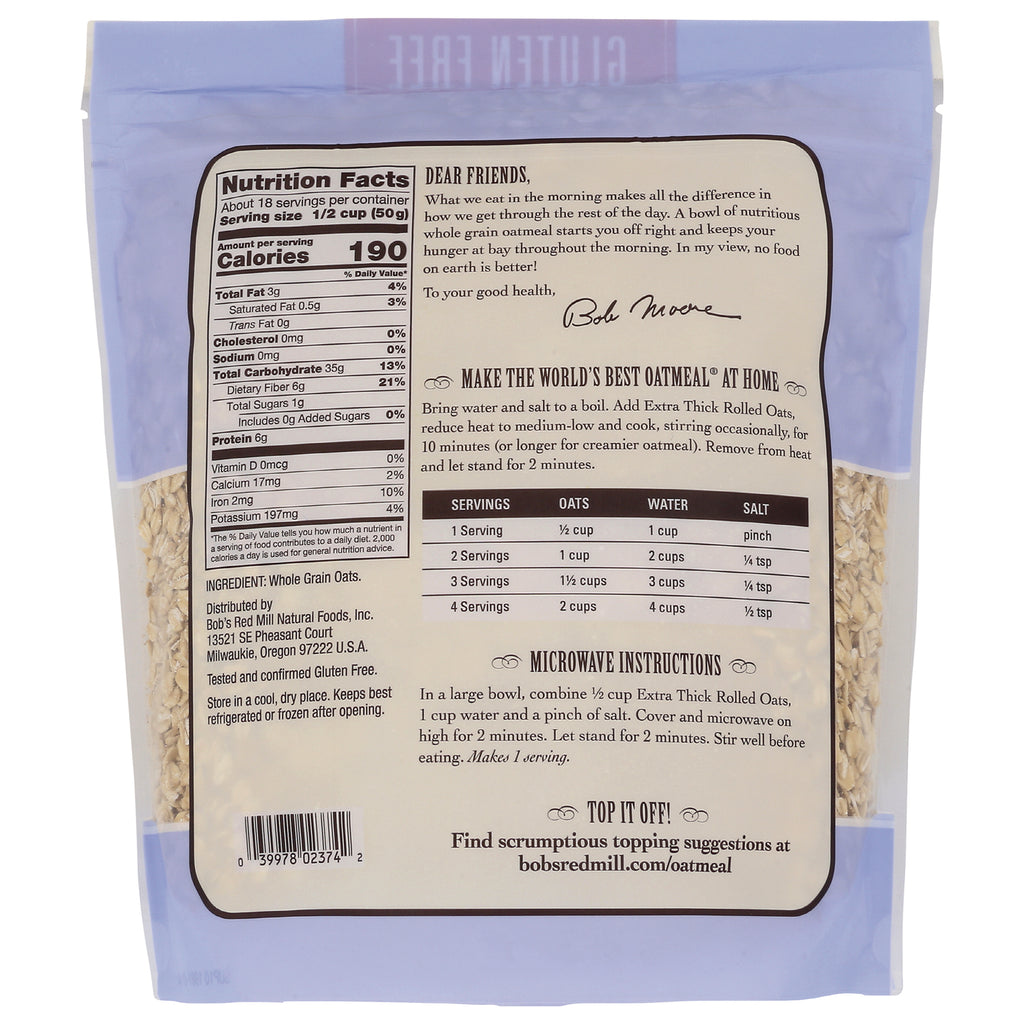 BOB337 | back of Bob's Red Mill oatmeal bag showing nutrition facts, cooking and microwave instructions and barcode - Thumbnail