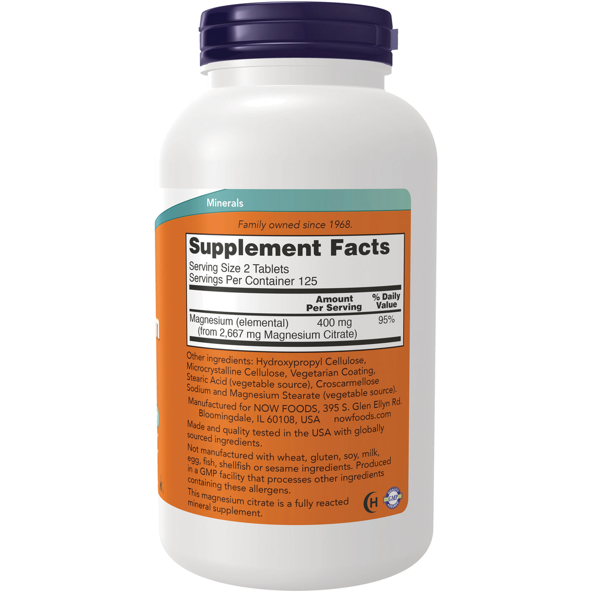 NWF256 | Back label showing Supplement Facts with magnesium 400 mg per serving and ingredient and allergen information
