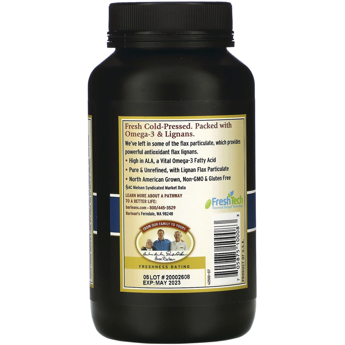 BAR004 | Back of black supplement bottle showing label with product information, barcode and EXP: MAY 2023