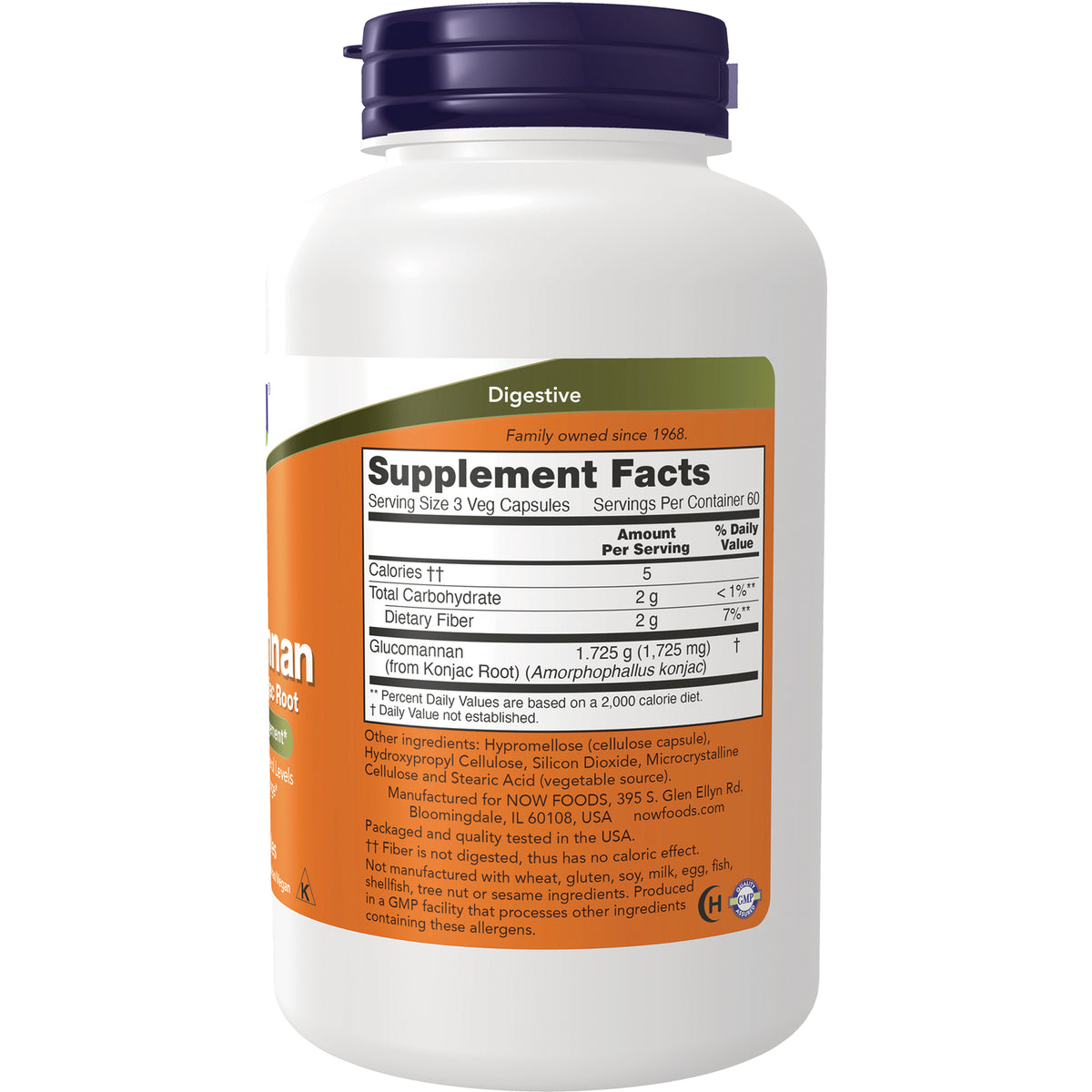 NWF544 | Back of white supplement bottle showing Supplement Facts panel and ingredients for glucomannan capsules