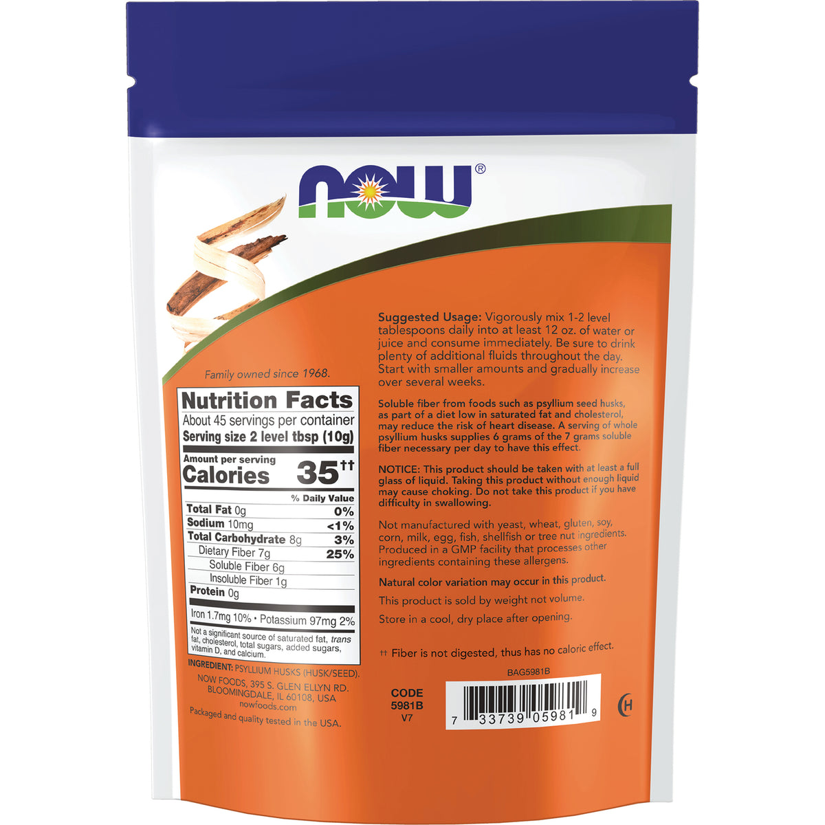 NWF146 | Back of orange and white supplement pouch showing Nutrition Facts panel, usage instructions, and barcode