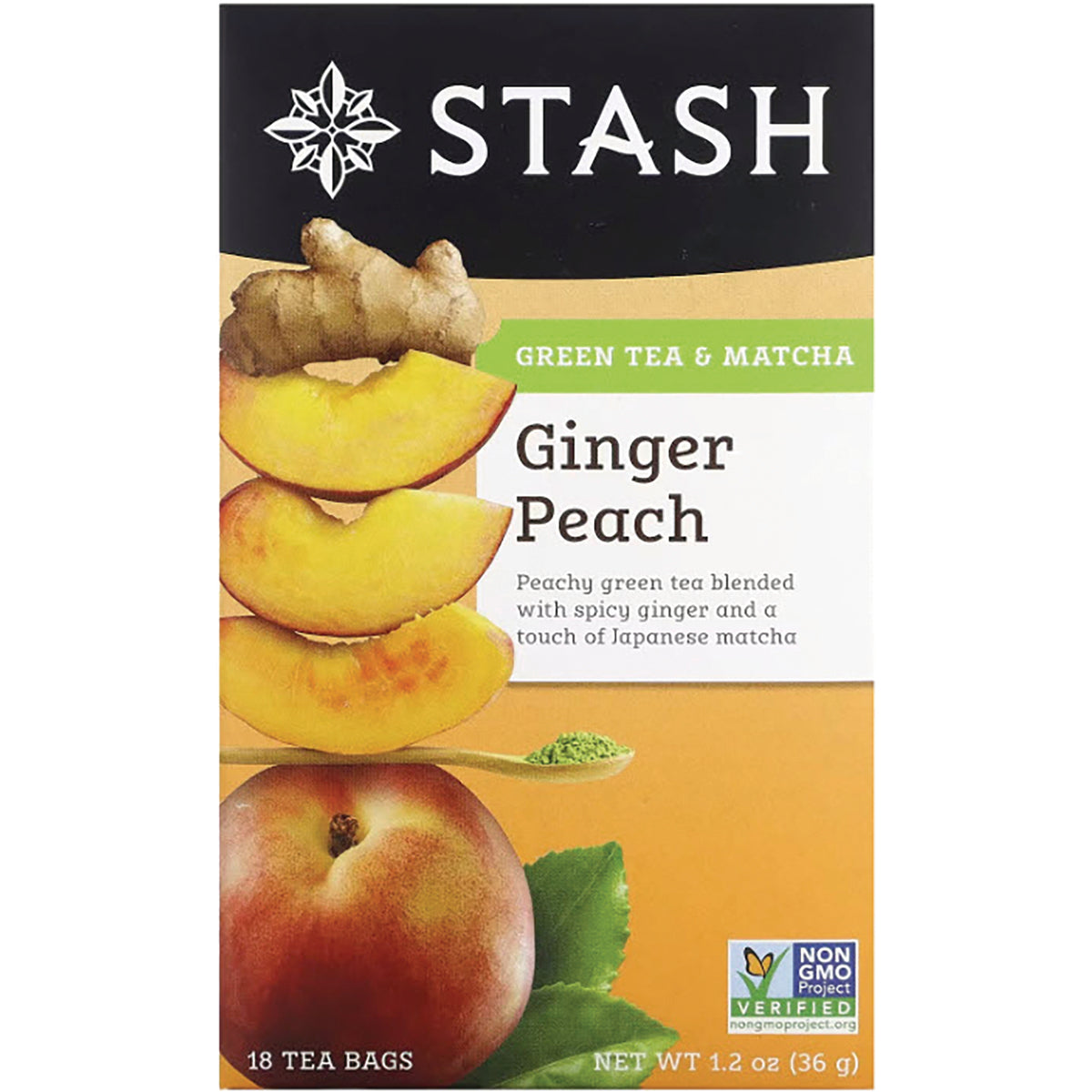STH008 | Stash Green Tea & Matcha Ginger Peach tea bags, 18 count box