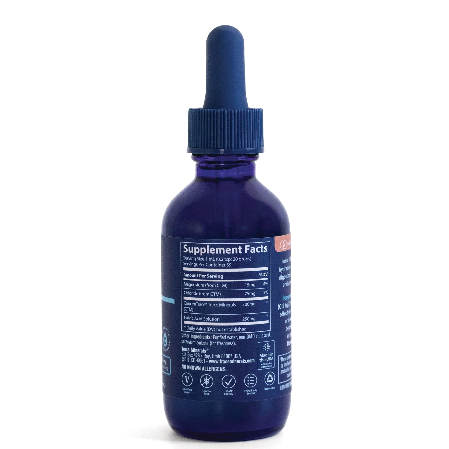TM126 | Back of blue dropper bottle showing Supplement Facts panel and ingredients