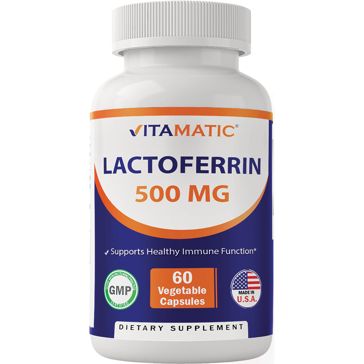 VAM021 | Vitamatic Lactoferrin 500 mg supplement bottle, 60 vegetable capsules, supports healthy immune function