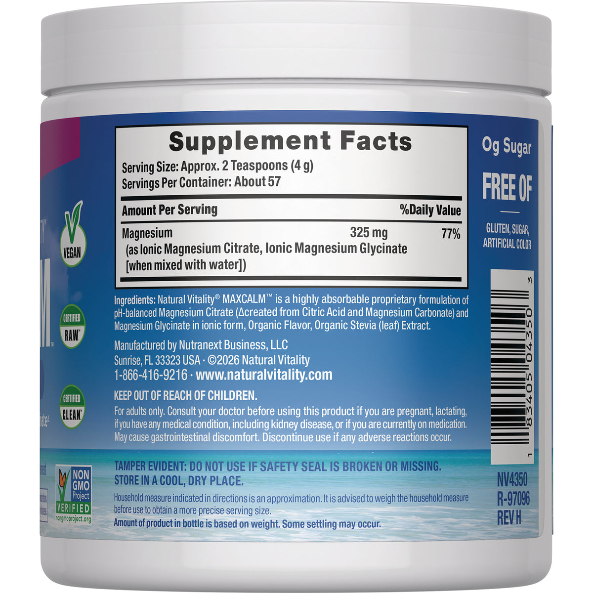 NVT051 | Back label showing Supplement Facts panel listing magnesium 325 mg, ingredients, barcode and vegan and gluten-free icons