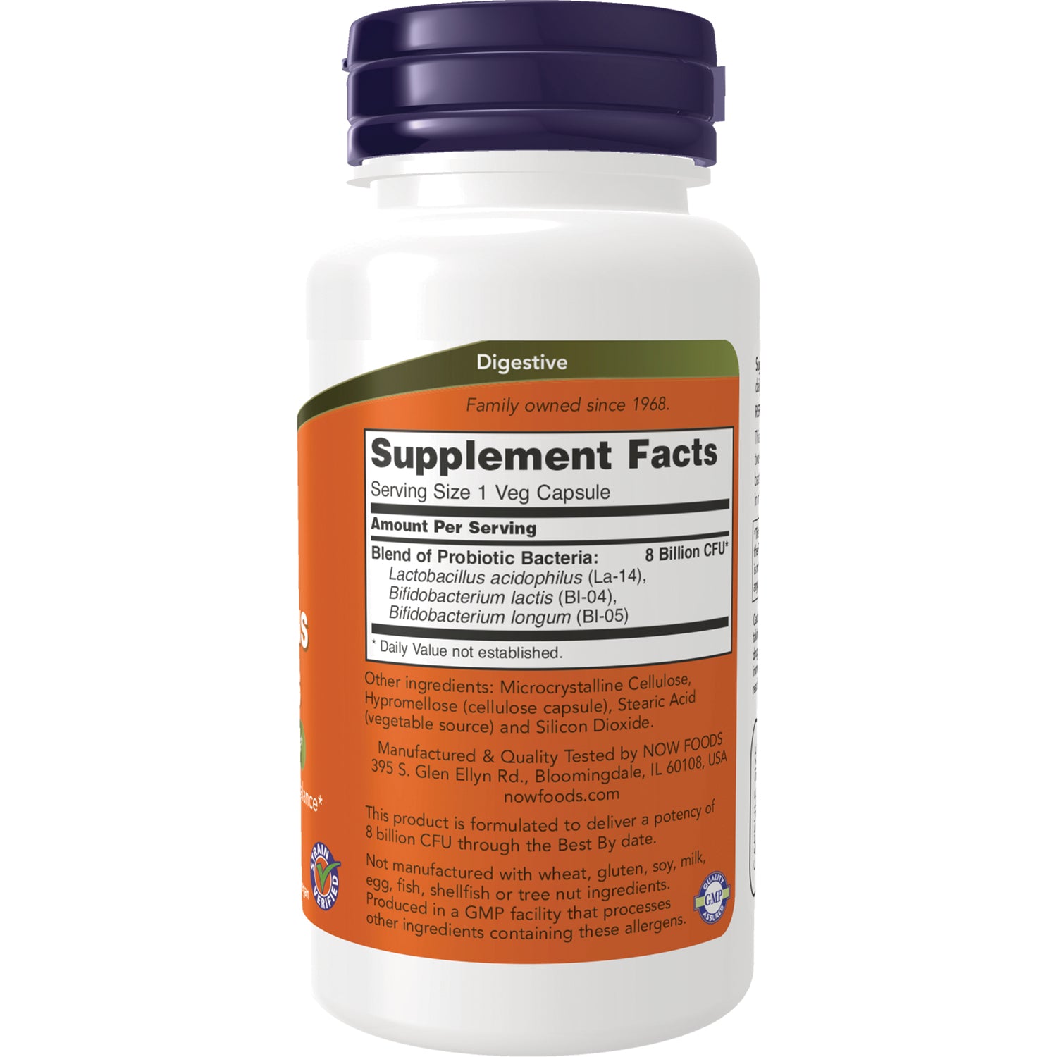 NWF014 | Back label of white supplement bottle showing Supplement Facts panel, ingredients, and probiotic info