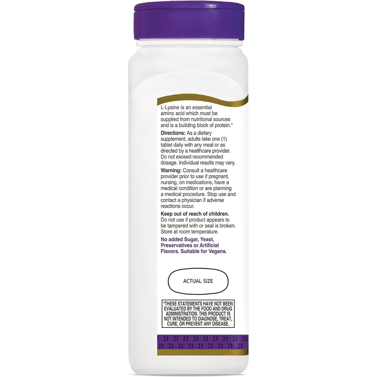 CNT289 | Back label of white supplement bottle showing directions, warnings and actual size indicator