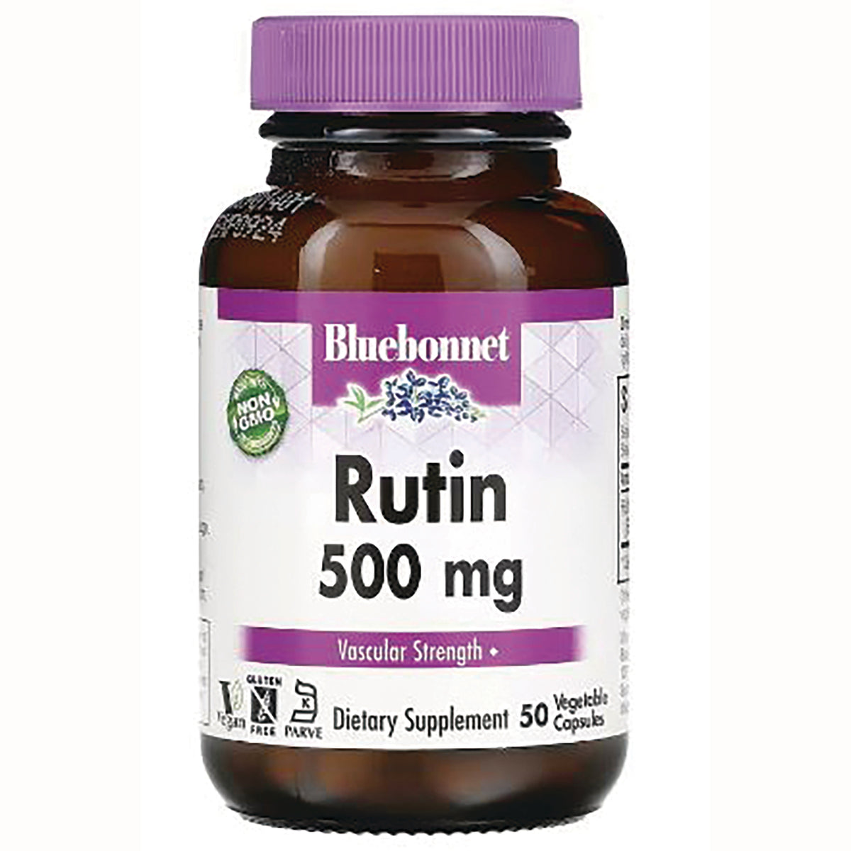BLU112 | Bluebonnet Rutin 500 mg brown supplement bottle with purple cap and label