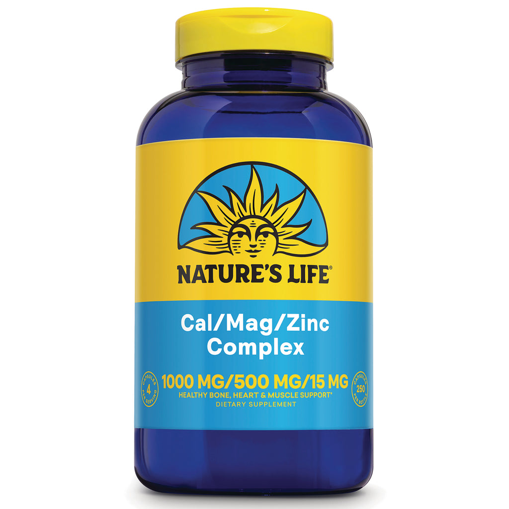 NSL072 | Blue supplement bottle labeled NATURE'S LIFE Cal/Mag/Zinc Complex 1000 MG/500 MG/15 MG - Thumbnail
