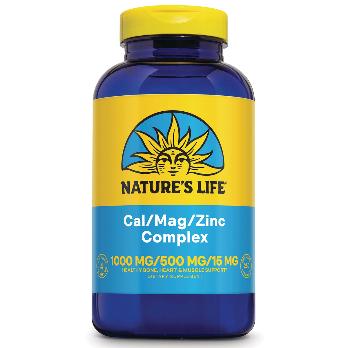 NSL072 | Blue supplement bottle labeled NATURE'S LIFE Cal/Mag/Zinc Complex 1000 MG/500 MG/15 MG