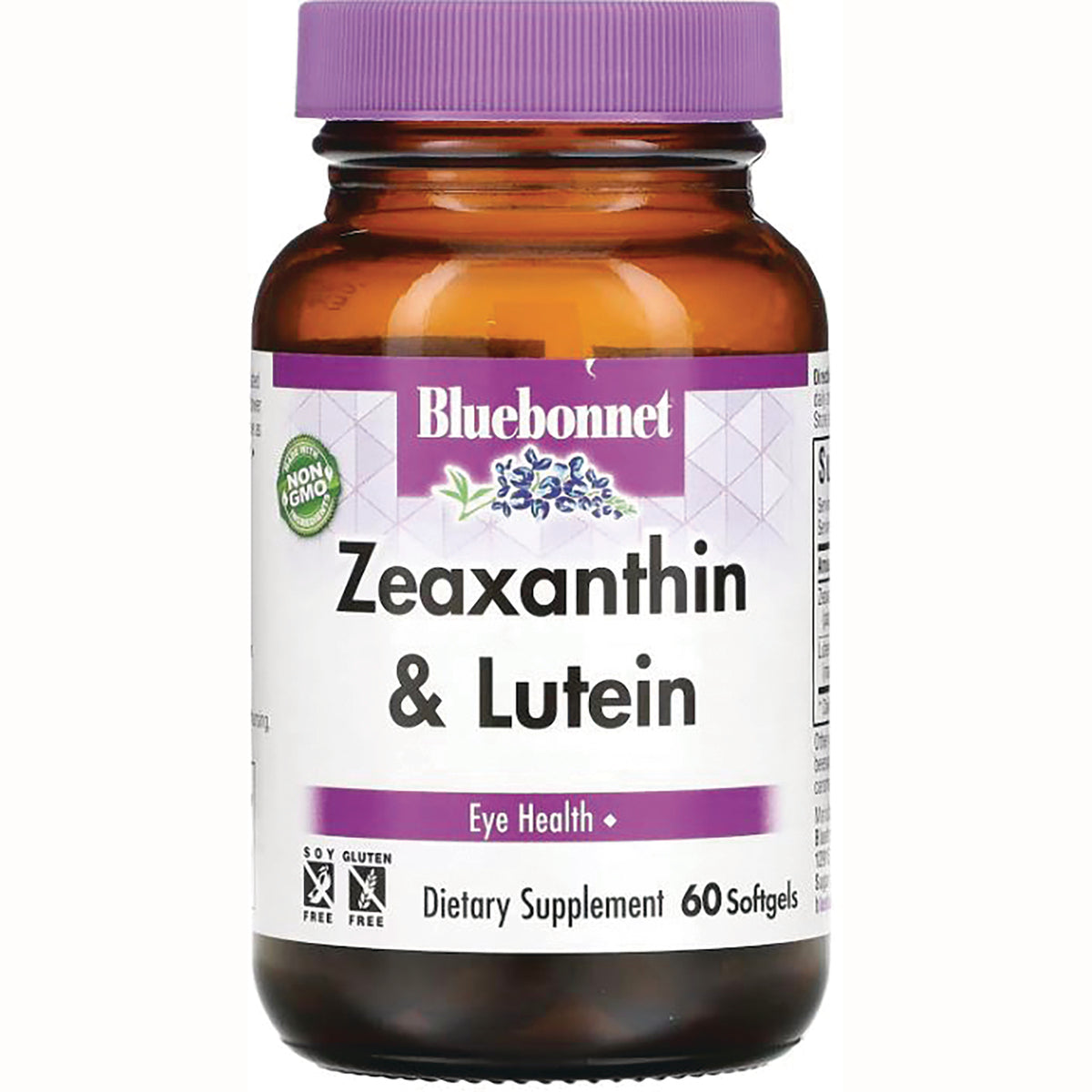 BLU137 | Bluebonnet Zeaxanthin & Lutein dietary supplement bottle, 60 softgels, purple cap, Eye Health label