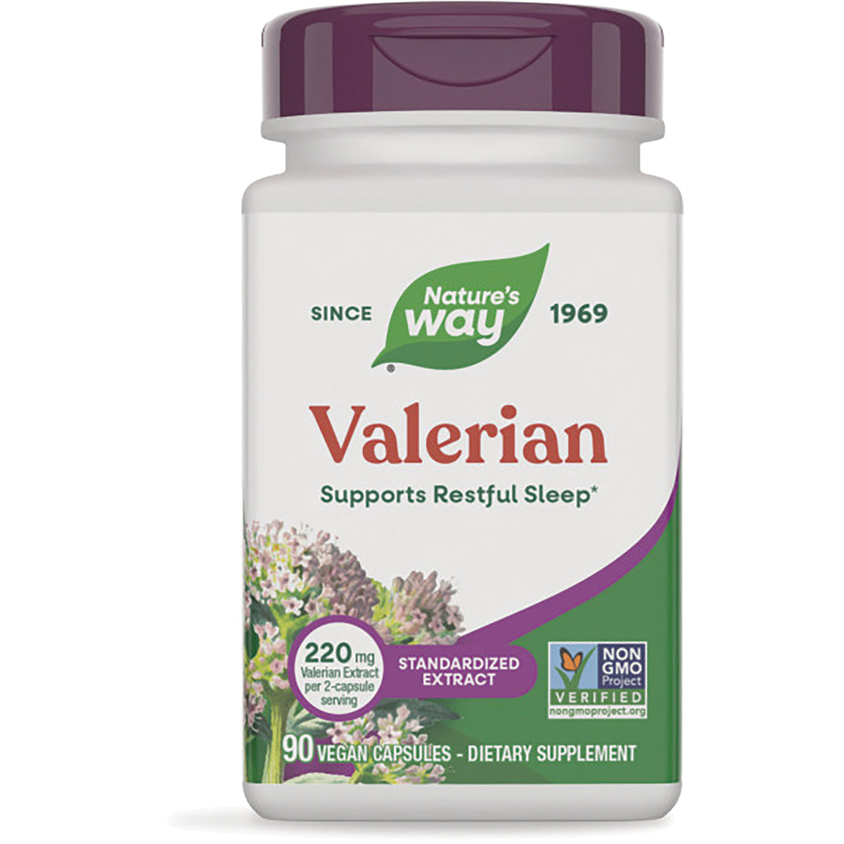 NW536 | Nature's Way Valerian supplement bottle front labeled Supports Restful Sleep 90 vegan capsules