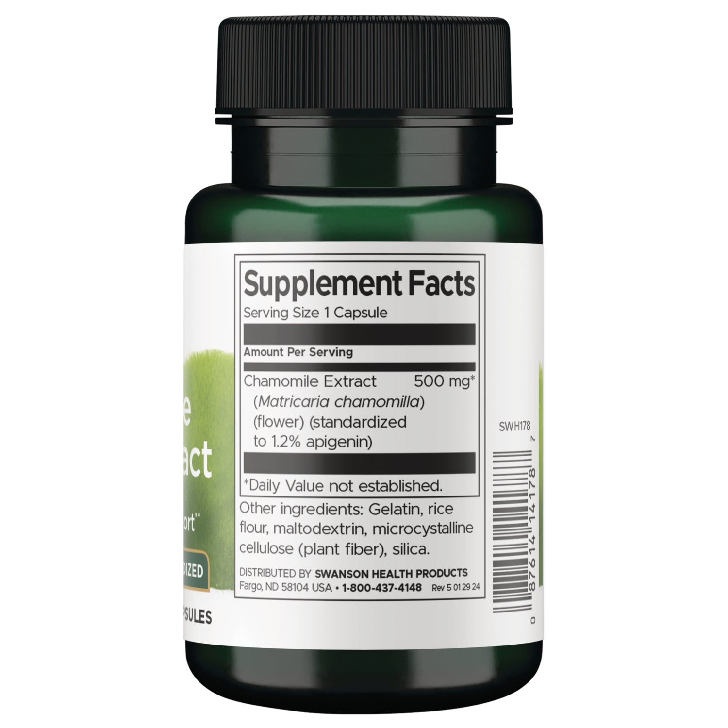 SWH178 | Supplement Facts panel for chamomile extract capsules; 500 mg per serving; other ingredients listed