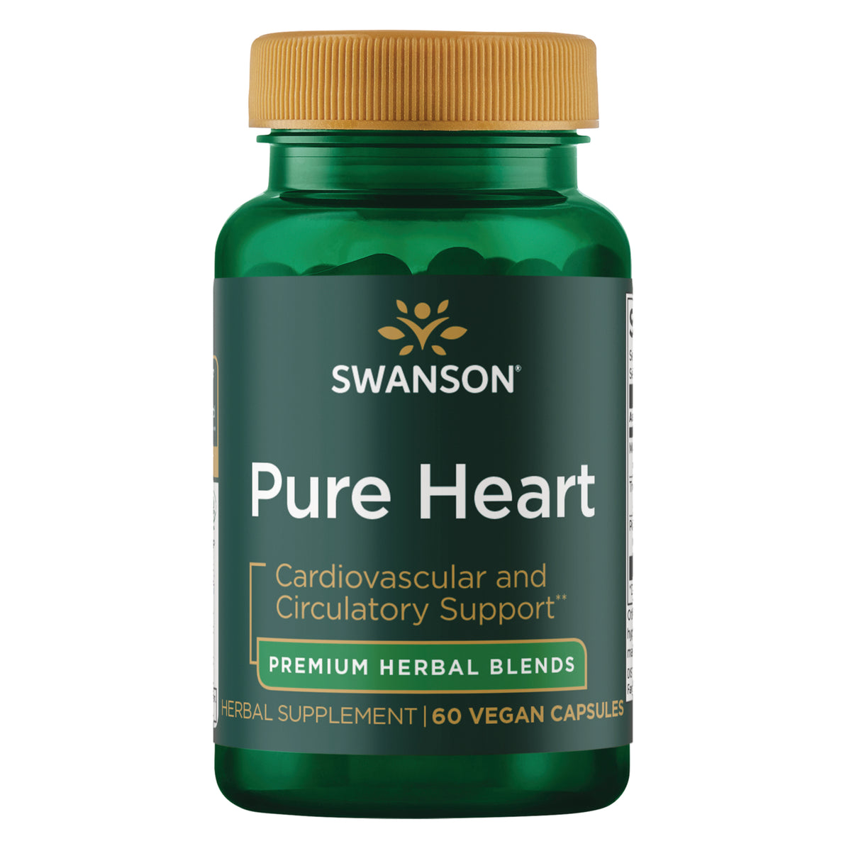 SWU1049 | Four green Swanson Pure Heart supplement bottles front view labeled Cardiovascular and Circulatory Support 60 veggie caps || SWU1049 | Three Swanson Pure Heart green supplement bottles, front view, 60 veggie caps, cardiovascular and circulatory support || SWU1049 | Two Swanson Pure Heart supplement bottles with green labels reading Pure Heart, Cardiovascular and Circulatory Support, 60 veggie caps