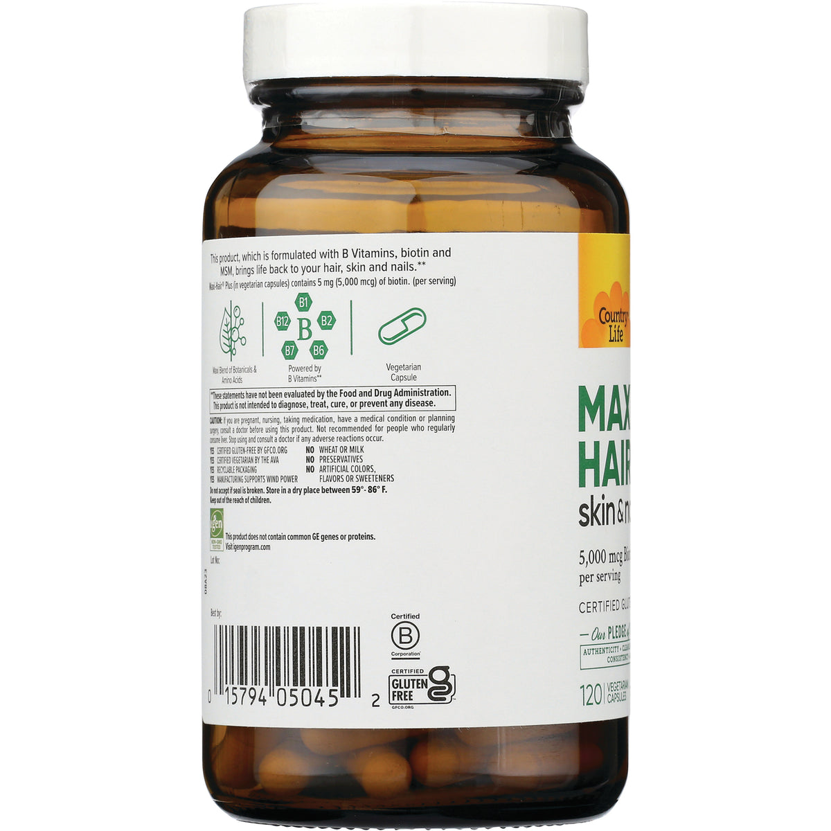 CRL552 | Back of amber supplement bottle showing ingredients panel, icons, barcode and capsules visible through glass