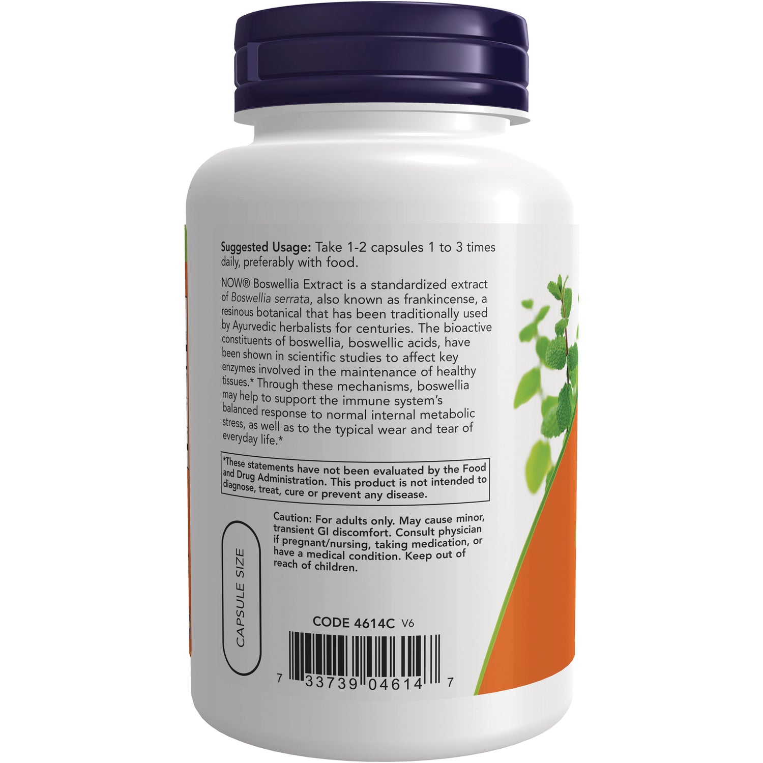 NWF1235 | Back of white supplement bottle showing suggested usage, caution text, barcode and capsule size label