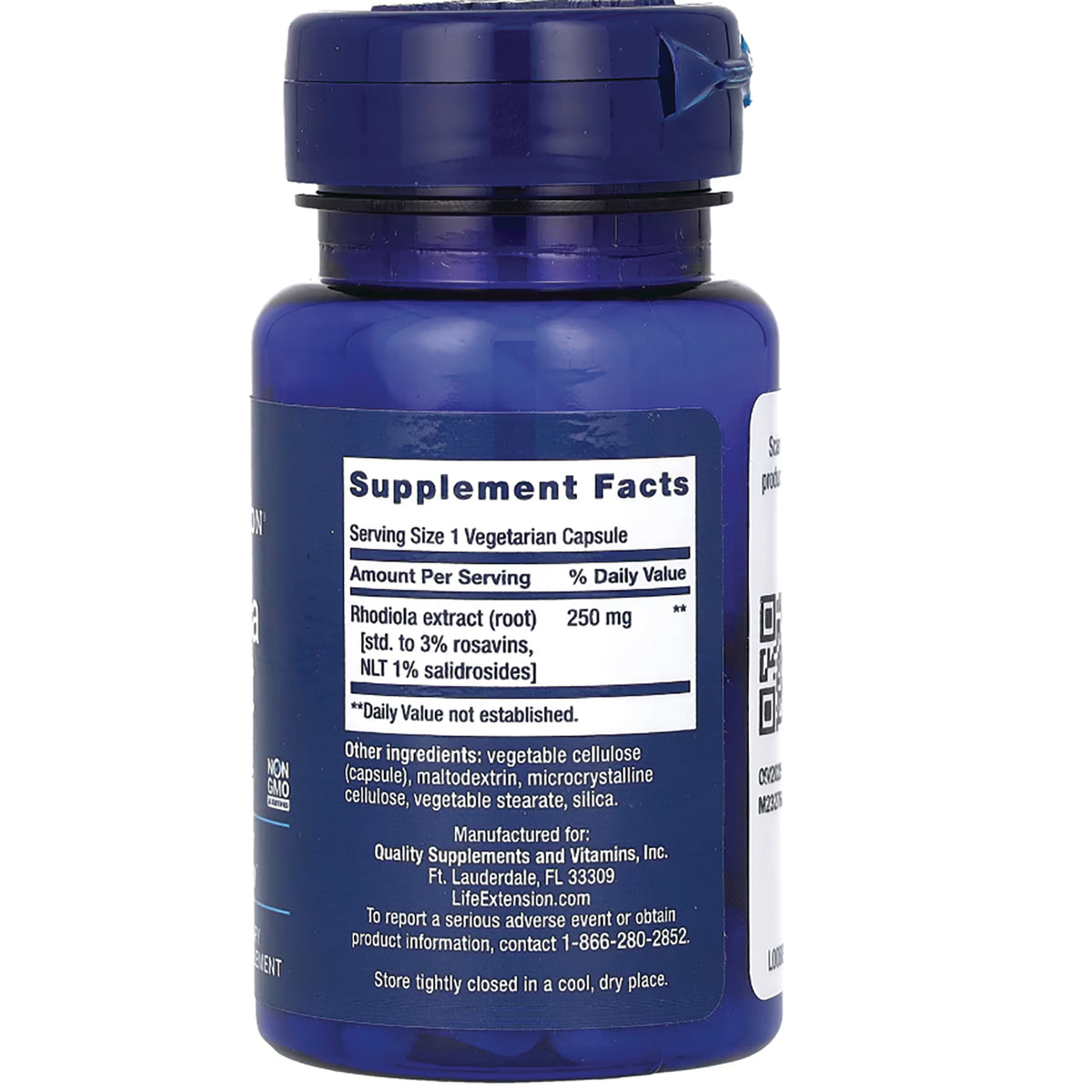 LE169 | Blue supplement bottle back showing Supplement Facts panel listing Rhodiola extract 250 mg and other ingredients