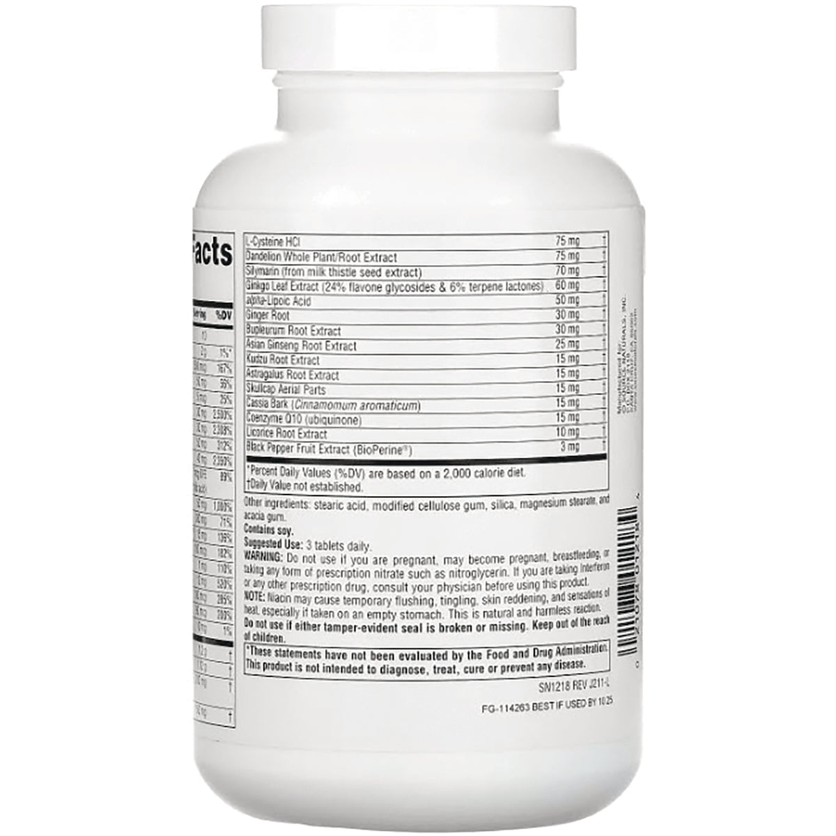 SN674 | Supplement bottle back label with Supplement Facts, ingredients, suggested use, and warning text