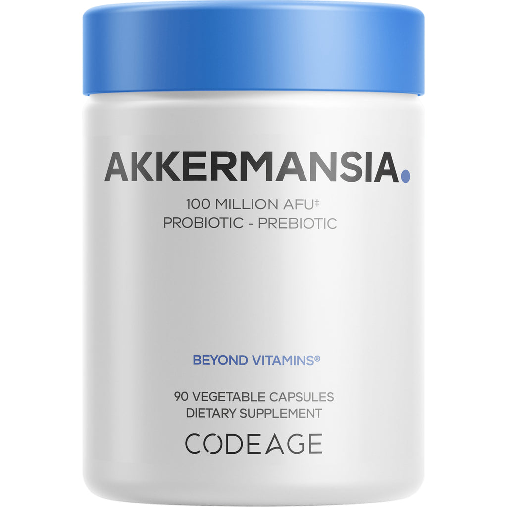 CDG001 | white supplement bottle labeled AKKERMANSIA probiotic-prebiotic, 100 MILLION AFU, 90 vegetable capsules - Thumbnail